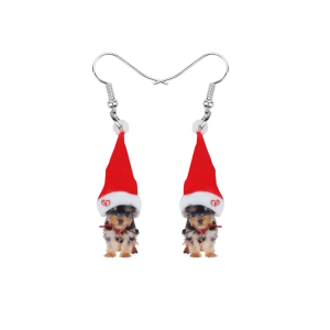 Don't AsK Red Acrylic Yorkie Puppy Santa Hat Drop Earrings ?C Festive Holiday Jewellery for Women