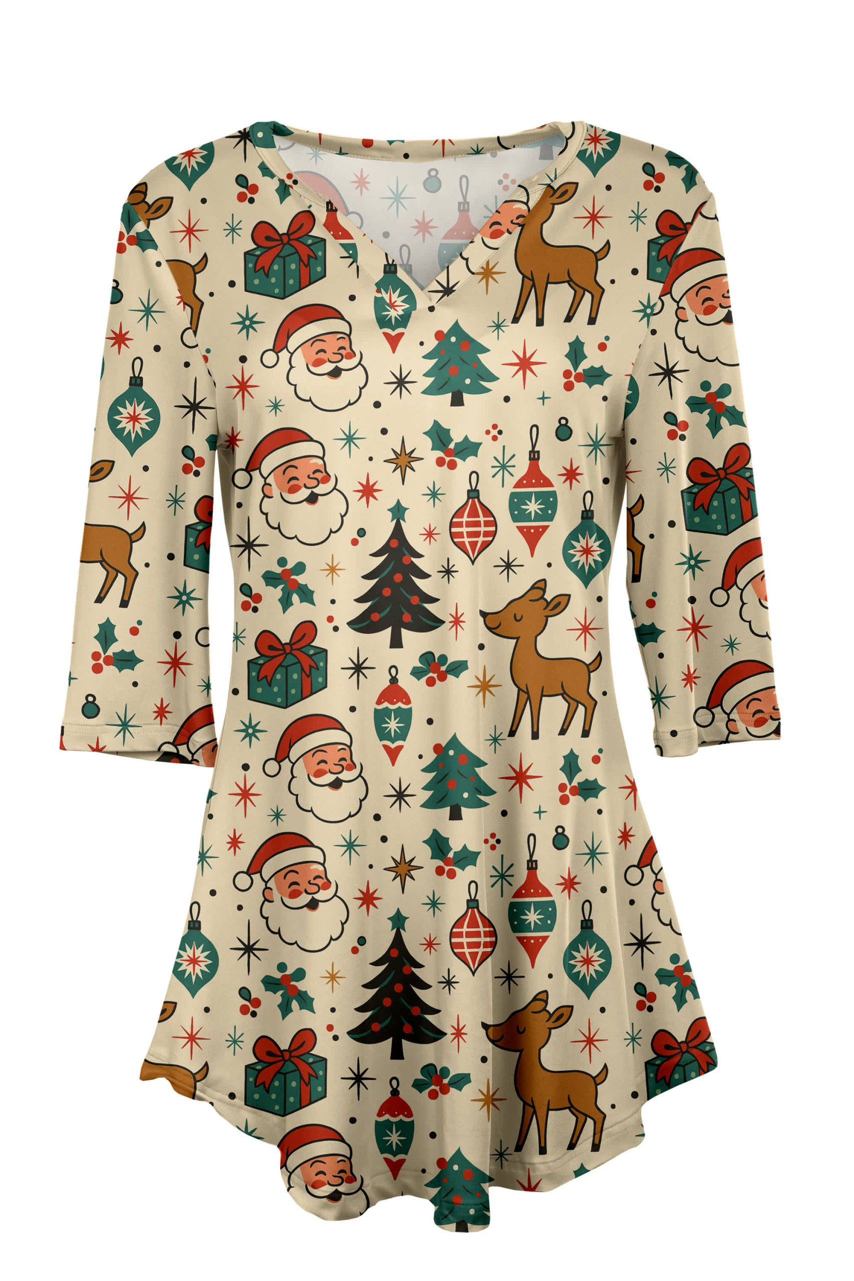 Lily by Firmiana Women's 3/4 Sleeve Notch Neck Tunic Beige Christmas Tree Village Holiday Print - Image 4