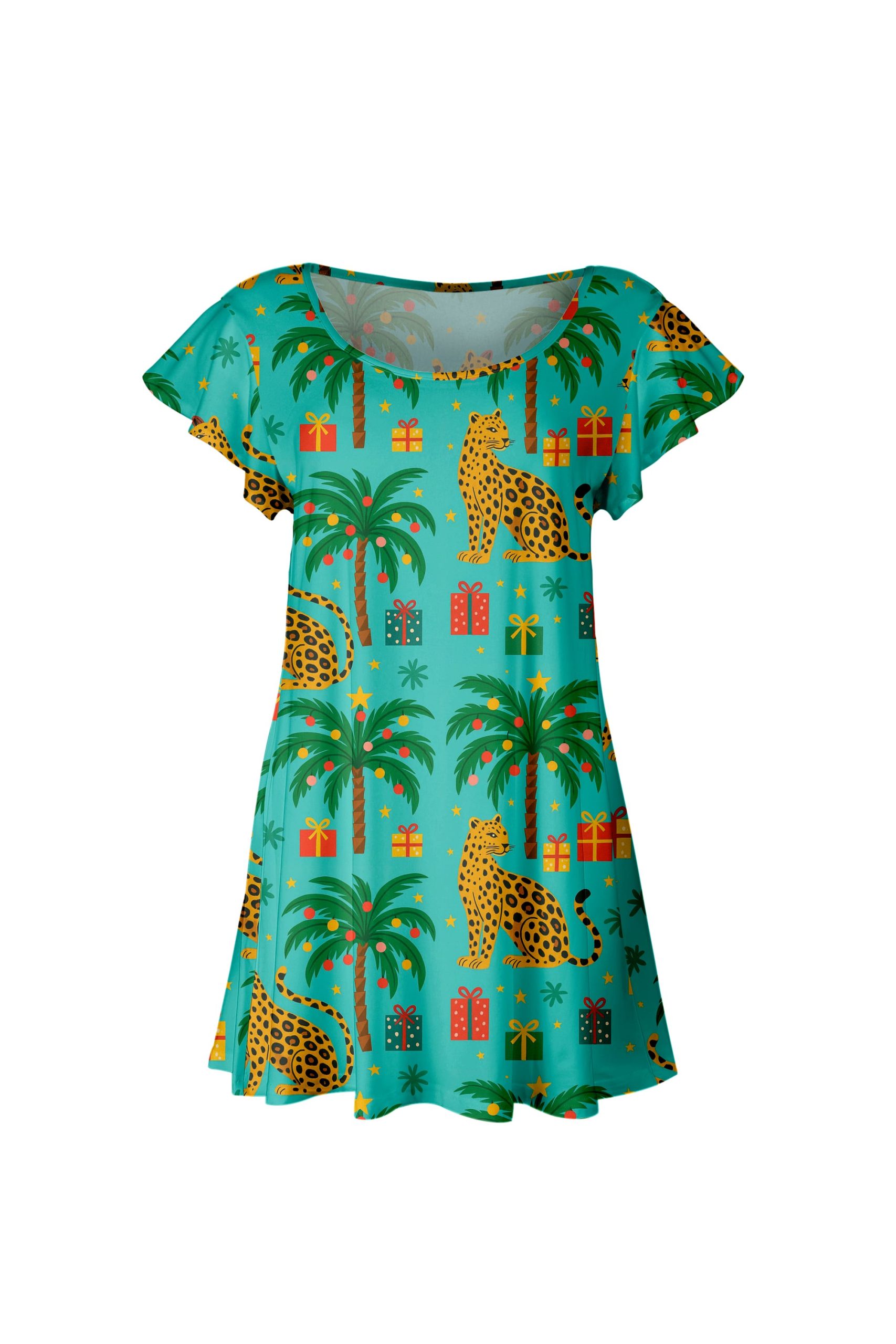 Lily by Firmiana Women's Short Sleeve Flutter Hem Tunic Top Green Palm Tree Holiday Print
