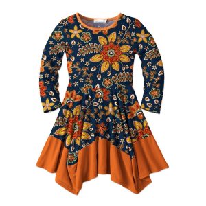 Dark Blue & Orange Floral Print Handkerchief Dress
