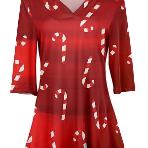 Lily by Firmiana Women's 3/4 Sleeve Notch Neck Tunic Red & White Candy Cane Holiday Print