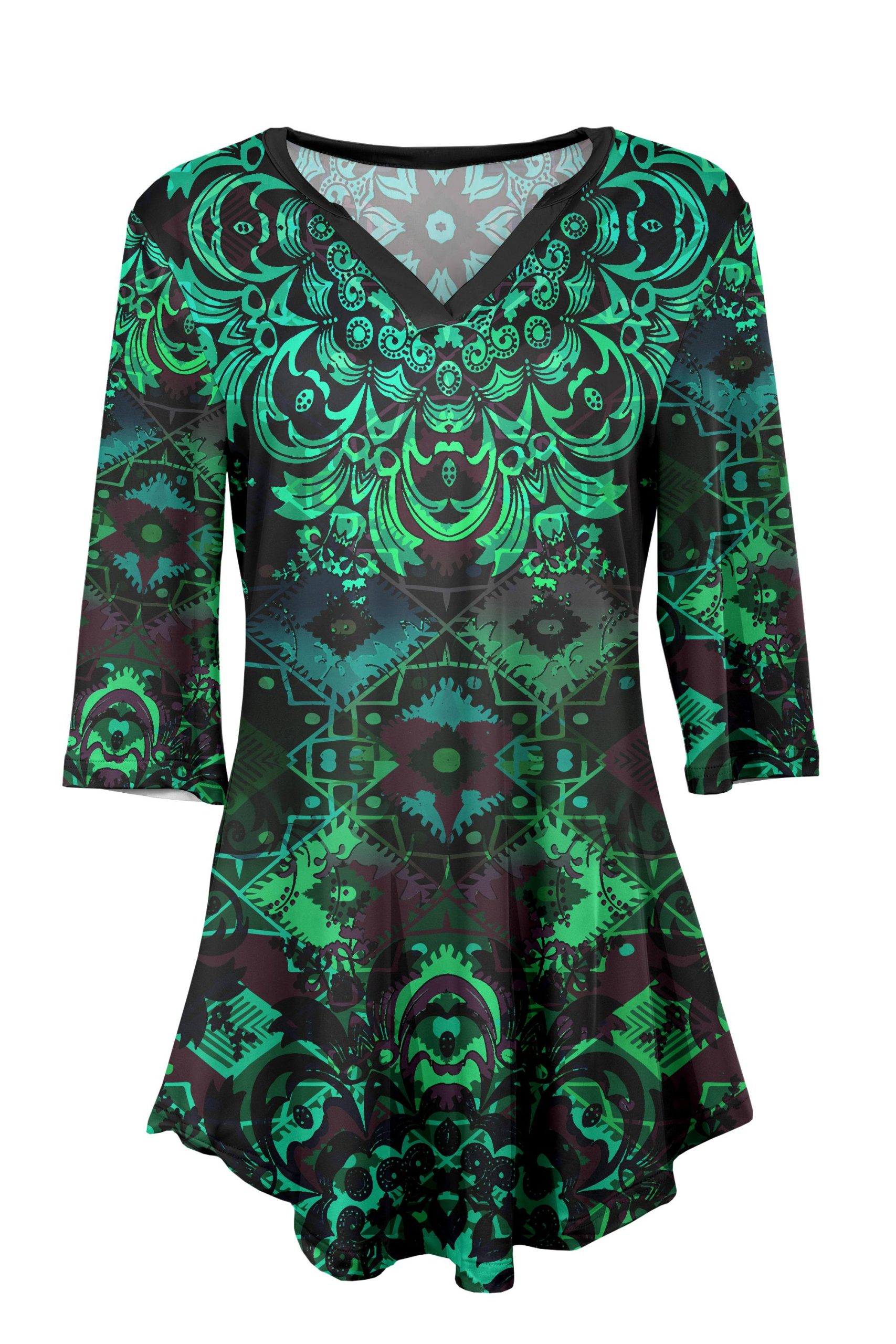 Lily by Firmiana Women's 3/4 Sleeve Notch Neck Tunic Green & Black Baroque Holiday Print - Image 2