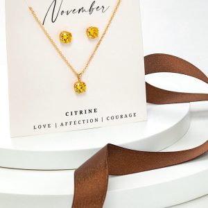 Gold Citrine - November Swarovski Crystal Necklace Earrings ?C Cz Birthstone Stud Earring Circular Pendant Set