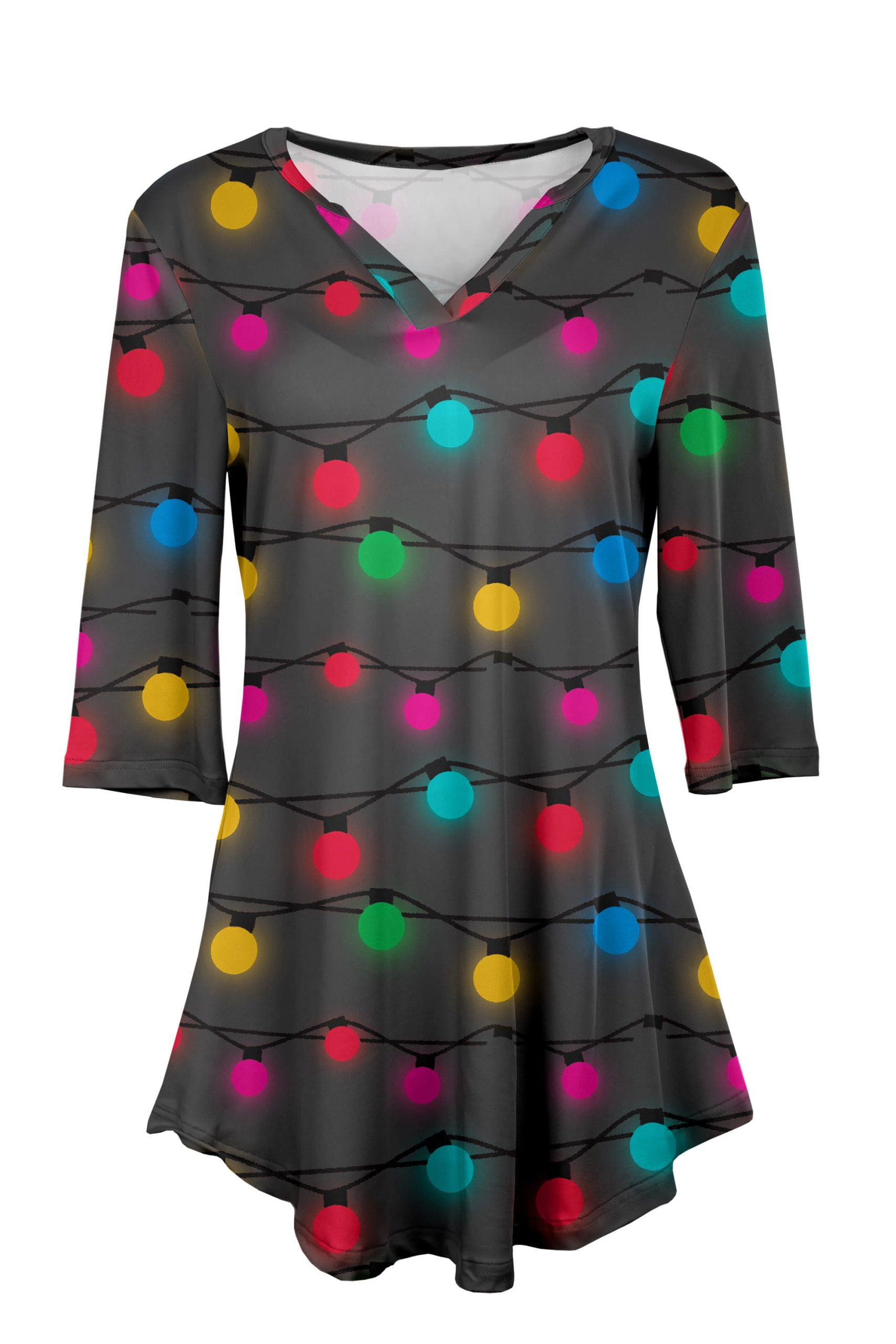 Lily by Firmiana Women's 3/4 Sleeve Notch Neck Tunic Charcoal Christmas Light Bulb Print - Image 4