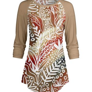 Lily by Firmiana Women's ¾ Sleeve Scoop Neck Tunic Top Tan & Red Floral Vine Print