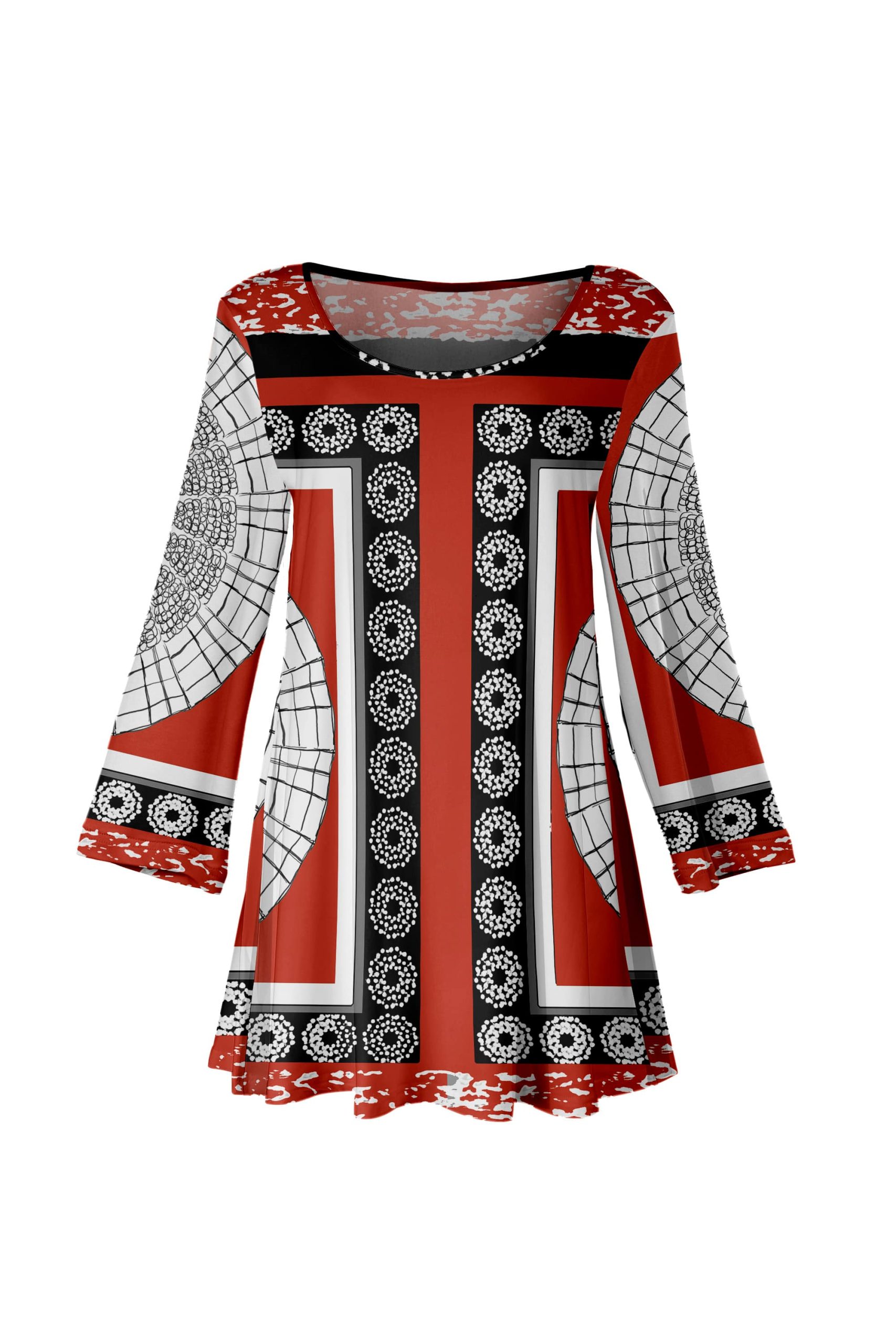 Lily by Firmiana Women's Long Sleeve Scoop Neck Flared Hem Tunic Red & Black Baroque Border Print