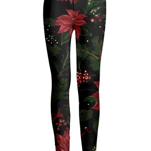 Lily by Firmiana Women's Medium Rise Printed Legging Black & Red Poinsettia Floral Holiday Print