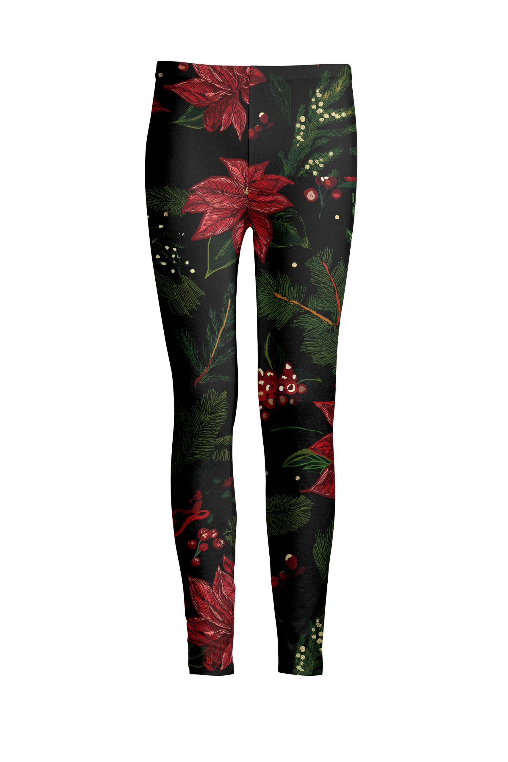 Lily by Firmiana Women's Medium Rise Printed Legging Black & Red Poinsettia Floral Holiday Print