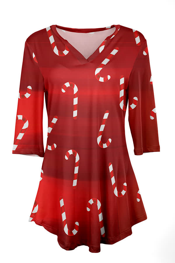 Lily by Firmiana Women's 3/4 Sleeve Notch Neck Tunic Red & White Candy Cane Holiday Print - Image 4