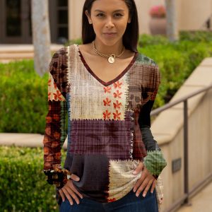 Lily by Firmiana Women's Long Sleeve V-Neck Contrast Trim Blouse Black & Orange Floral Mix