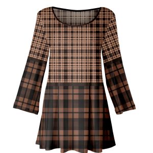 Lily by Firmiana Women's Long Sleeve Scoop Neck Flared Hem Tunic Brown & Black Plaid Tunic