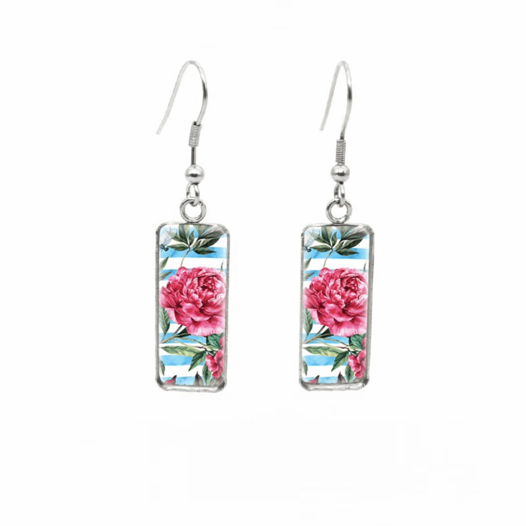 Don't AsK Rectangular Art-Print Drop Earrings ?C Striped Pink Flower ?C Lightweight Dangle Earrings for Women