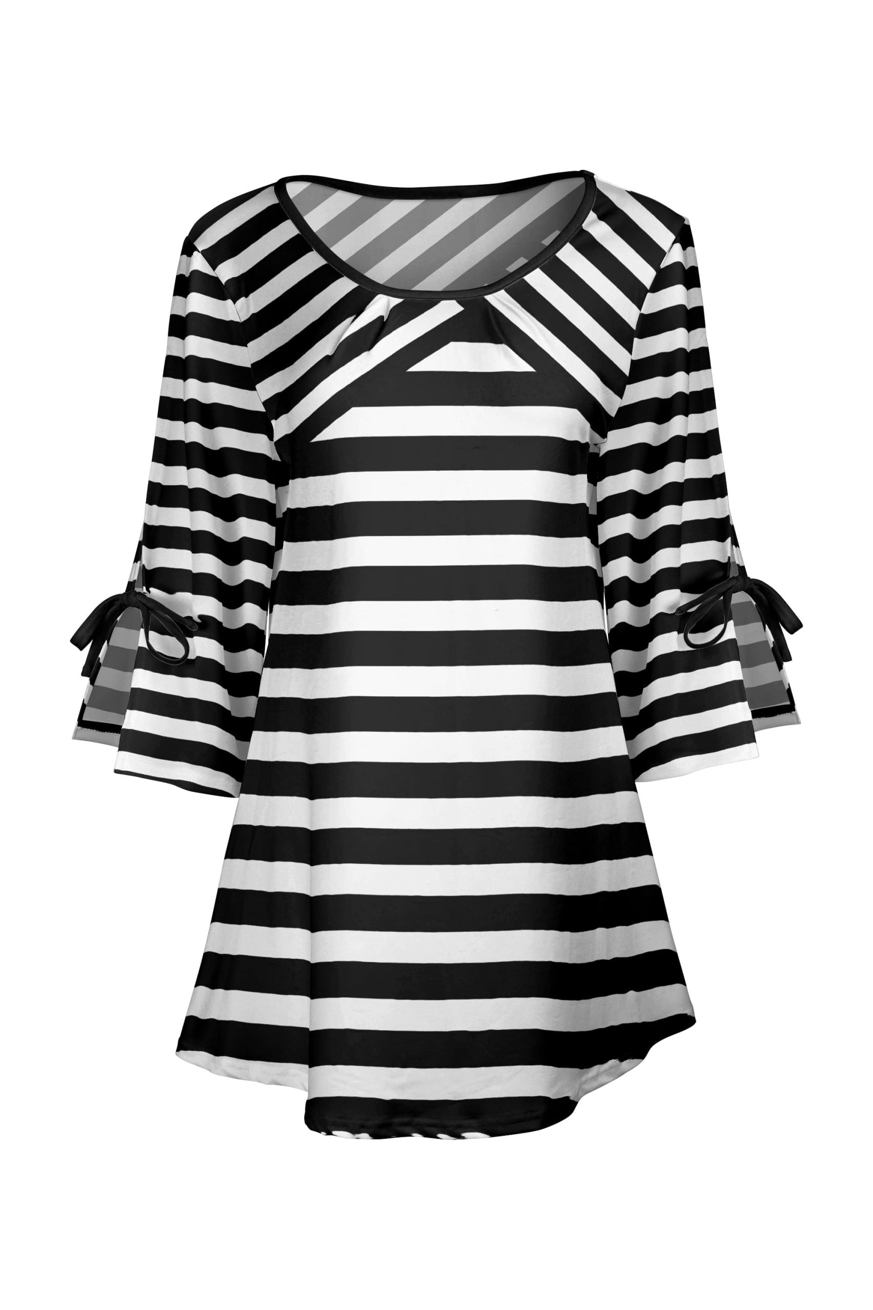 Lily by Firmiana Women's Round Neck Tunic with Split Hem ¾ Sleeves and Tie Detail Black & White Horizontal Stripe - Image 3
