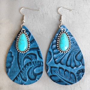 Blue Leather and Multi Colored Patterned & Turquoise Teardrop Drop Earrings