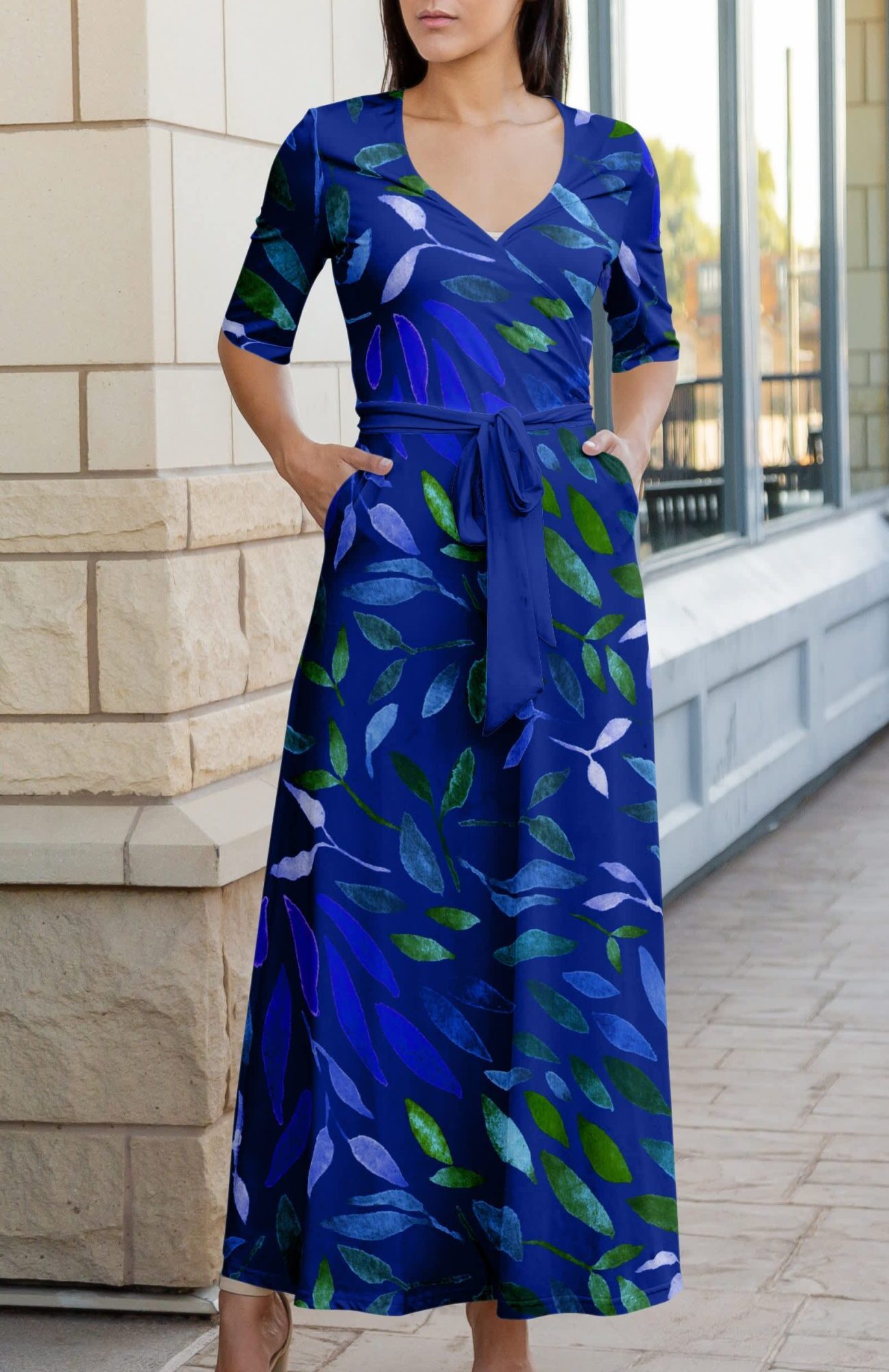 Lily by Firmiana Women's ? Sleeve Wrap-Style Maxi Dress with Tie Blue & Green Leaf Pattern
