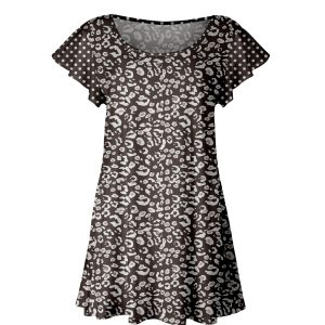 Lily by Firmiana Women's Short Sleeve Flutter Hem Tunic Top Grey and White Leopard