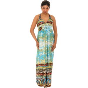 Shoreline Wear Abstract Gold Foil Halter Maxi Dress