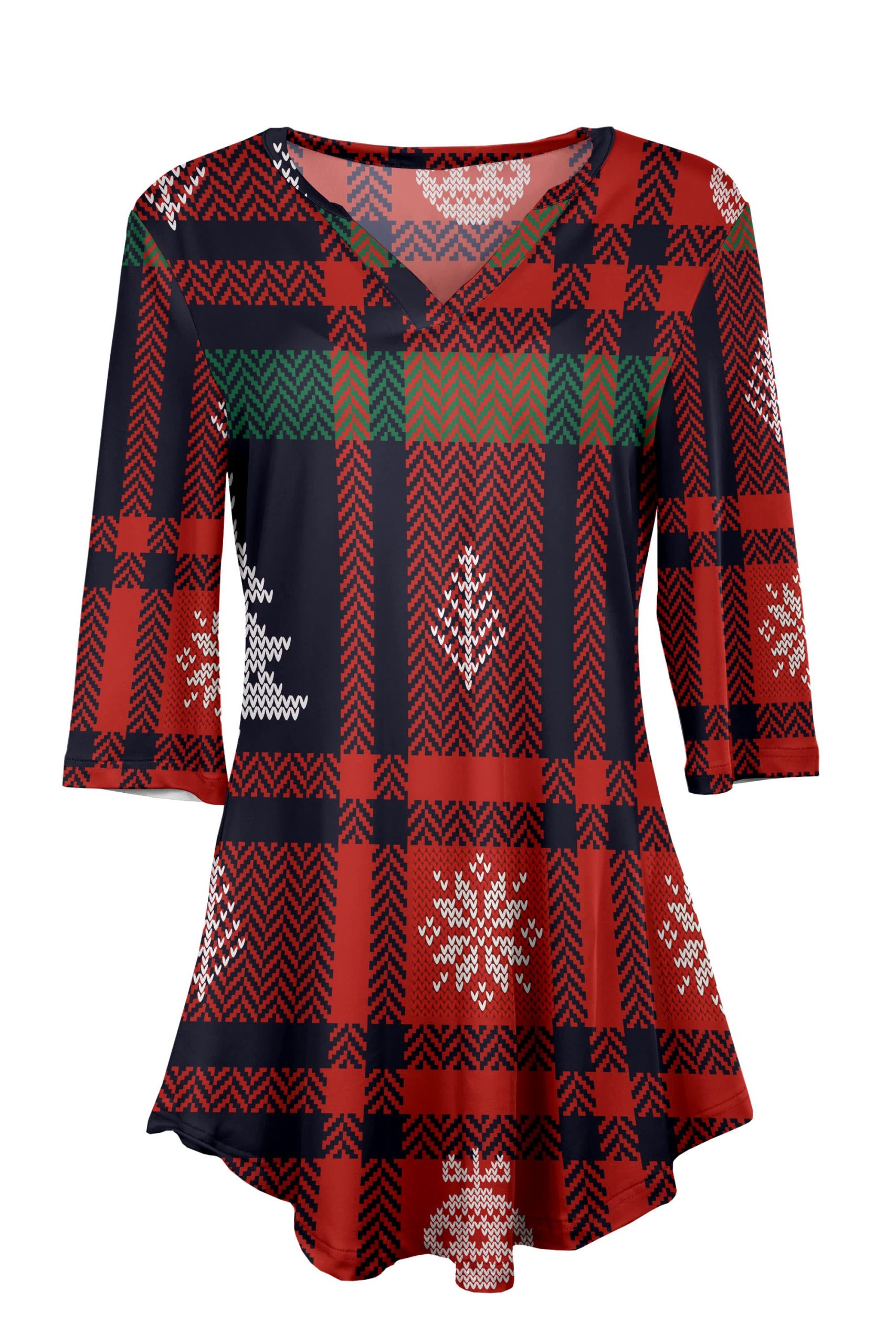 Lily by Firmiana Women's 3/4 Sleeve Notch Neck Tunic Red & Green Nordic Snowflake Plaid Print