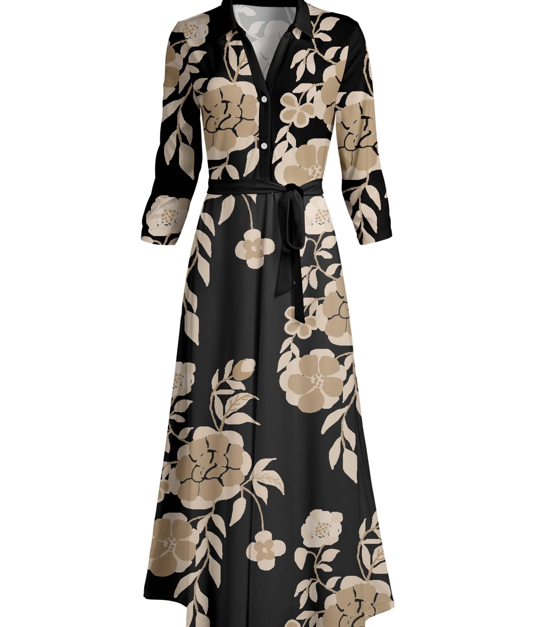 Lily by Firmiana Women's Long Sleeve Collared Maxi Dress with Tie Black & Tan