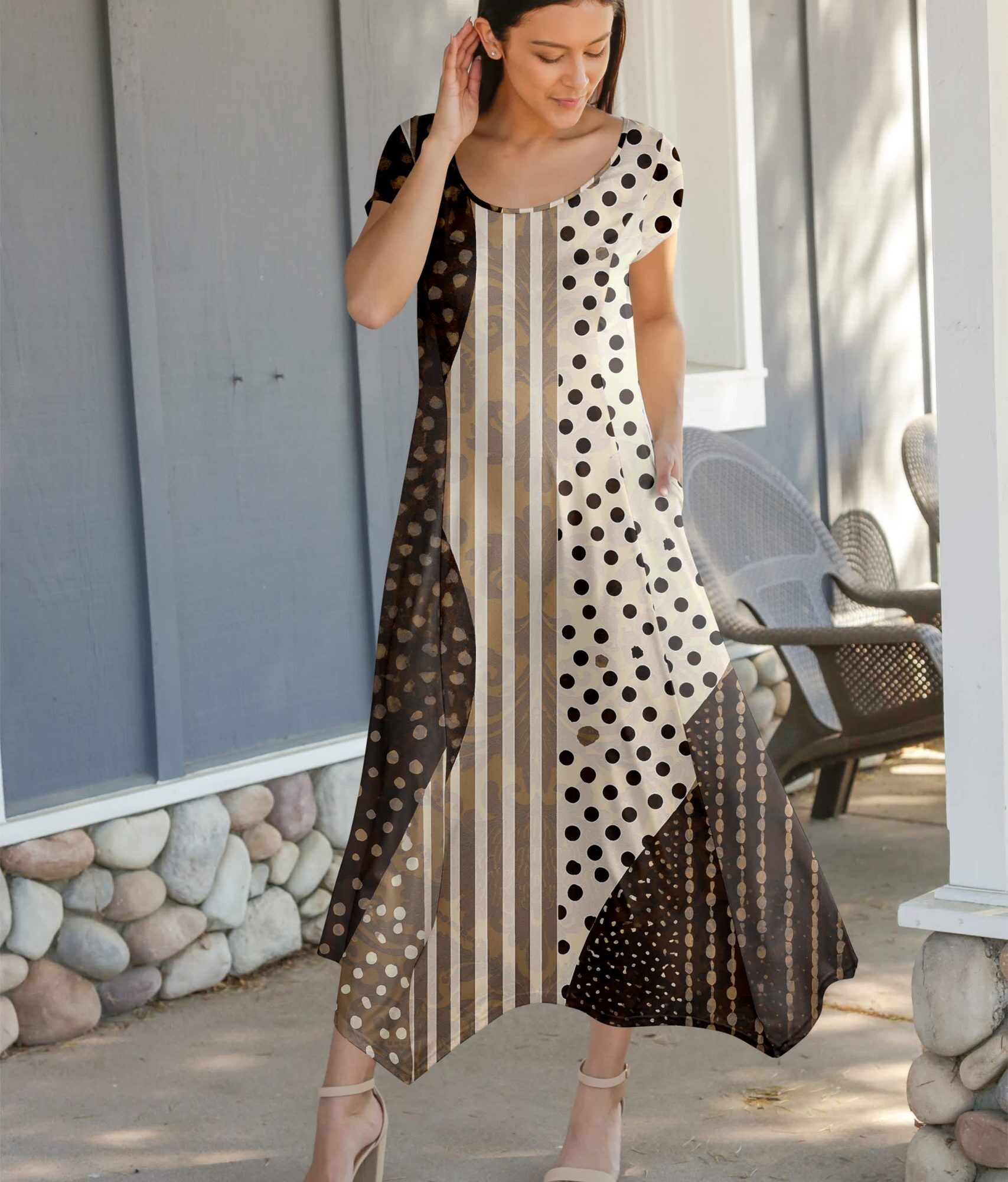 Lily by Firmiana Women's Cap Sleeve Fishtail Maxi Dress Cream & Brown Geo Panel