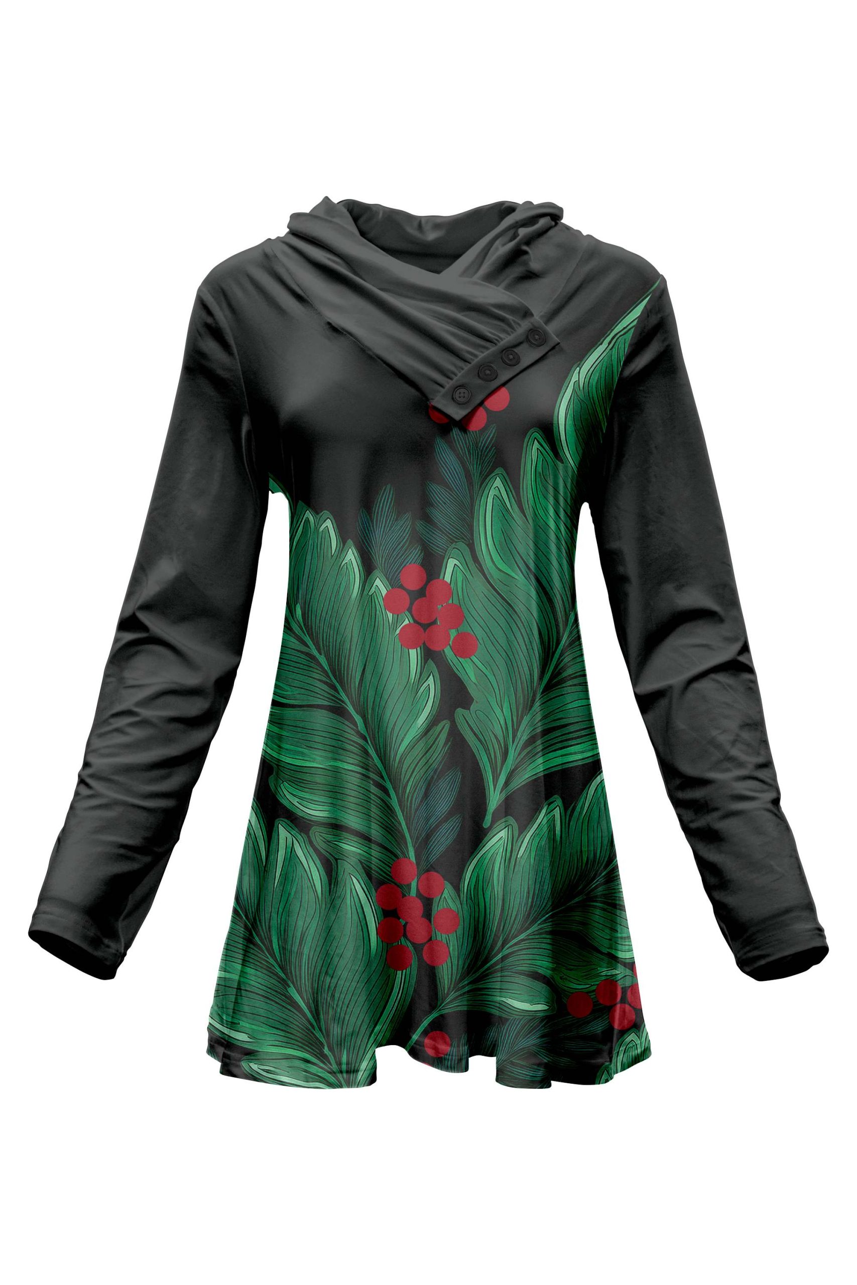 Lily by Firmiana Women's Long Sleeve Cowl Neck Tunic with Pockets Black & Green Palm Leaf Holiday Print - Image 2
