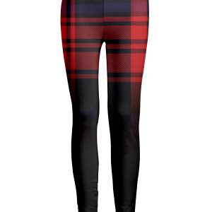 Lily by Firmiana Women's Medium Rise Printed Legging Red & Navy Plaid Mix Print