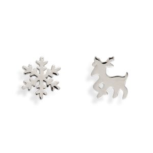 Ag Sterling Asymmetrical Snowflake & Deer Stud Earrings