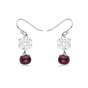 Vera & Co Women Sterling Silver Dangling Snowflake and Red Freshwater Pearl