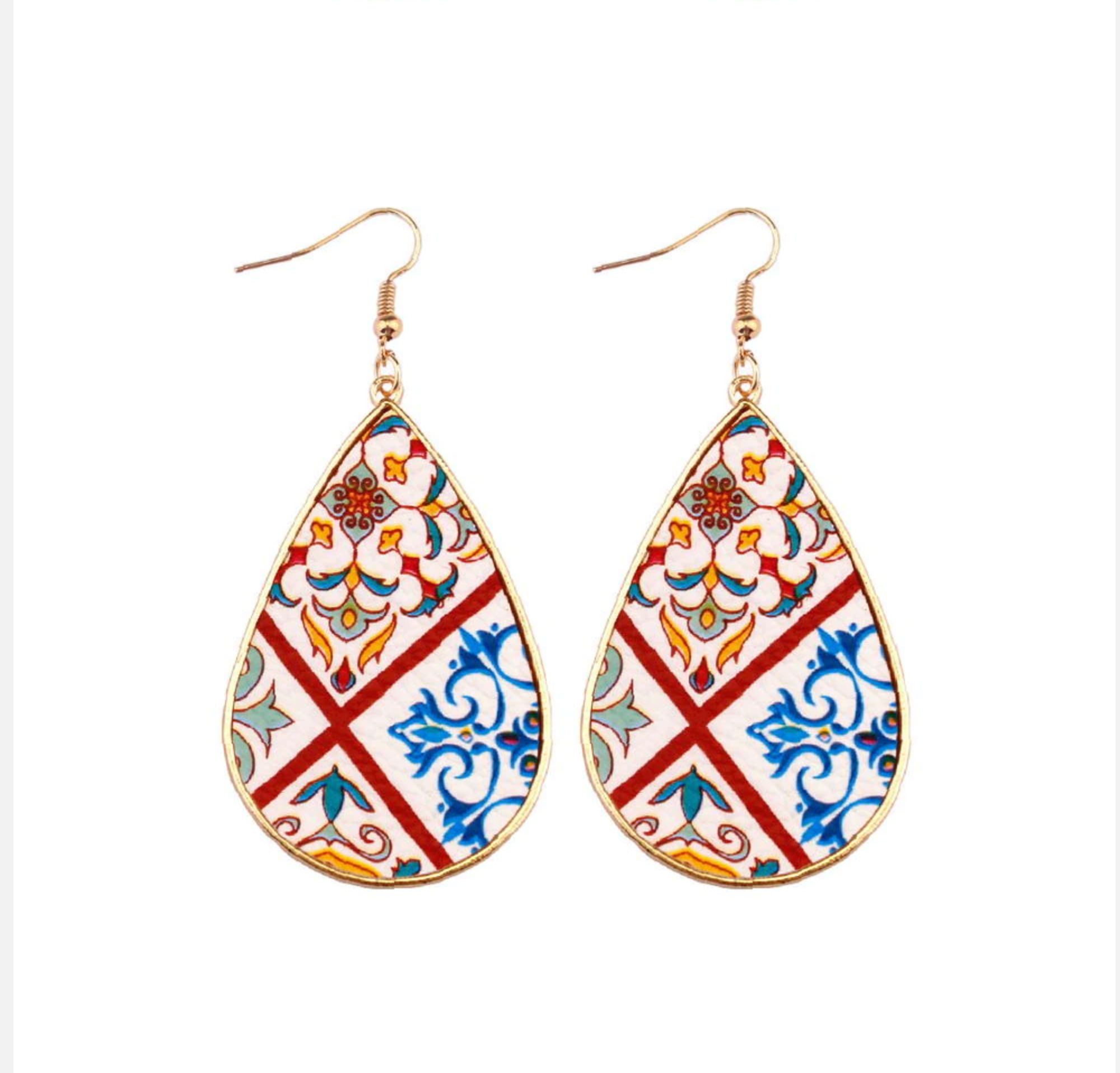 Don't AsK Red & Blue Arabesque Patterned Teardrop Earrings ?C Boho Print Dangles