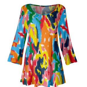 Lily by Firmiana Women's Long Sleeve Scoop Neck Flared Hem Tunic Multicolor Abstract Brushstroke Print