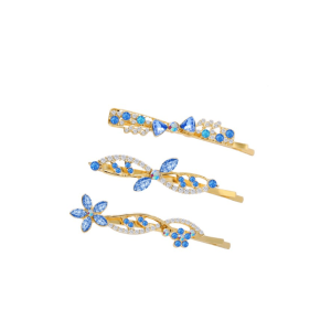 Goldtone Blue Floral Crystal Hair Pins - Set Of 3