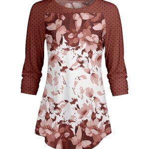 Lily by Firmiana Women's ¾ Sleeve Scoop Neck Tunic Top Brown & Cream Floral Border