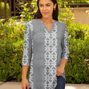 Lily by Firmiana Women's 3/4 Sleeve Notch Neck Tunic Gray Sweater Print
