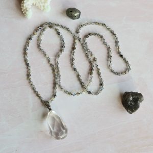 MGR Women's Genuine Labradorite Beaded Necklace with Clear Quartz Pendant
