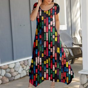 Lily by Firmiana Women's Cap Sleeve Fishtail Maxi Dress Multicolor Geometric Bars