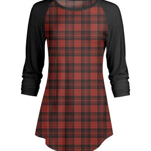 Lily by Firmiana Women's ¾ Sleeve Scoop Neck Tunic Top Red & Black Plaid Front