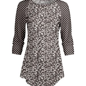 Lily by Firmiana Women's ¾ Sleeve Scoop Neck Tunic Top Grey and White Leopardal