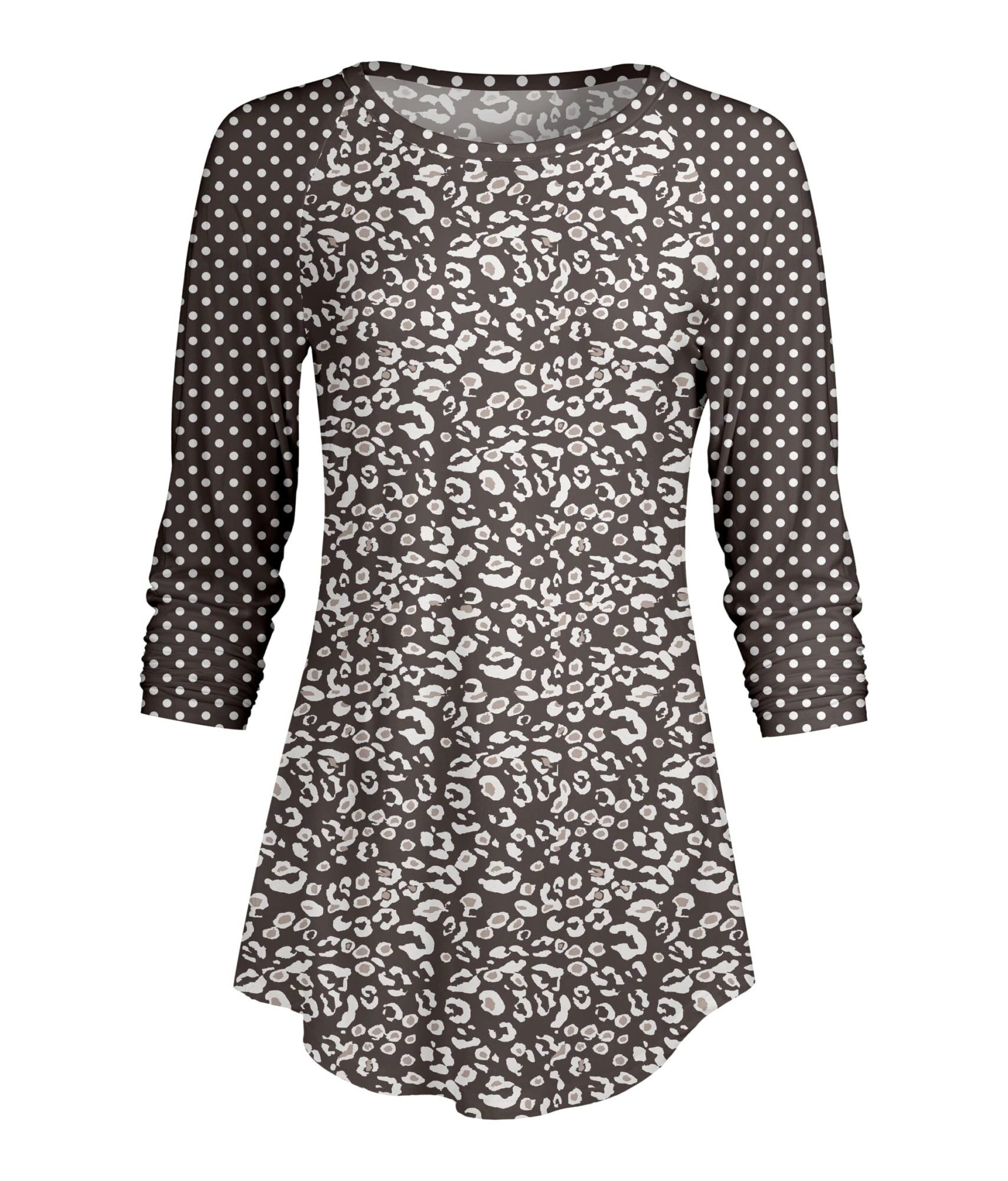 Lily by Firmiana Women's ¾ Sleeve Scoop Neck Tunic Top Grey and White Leopard