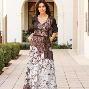 Lily by Firmiana Women's ? Sleeve Wrap-Style Maxi Dress with Tie Brown & White Abstract Floral