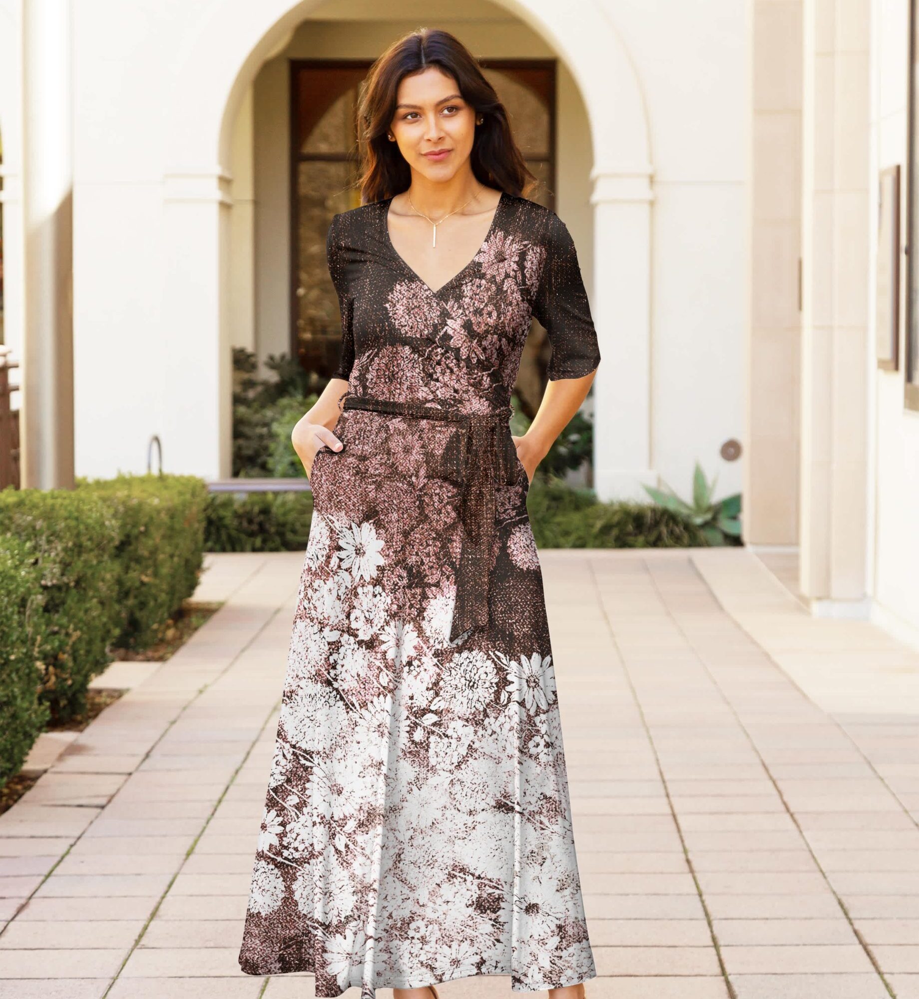 Lily by Firmiana Women's ? Sleeve Wrap-Style Maxi Dress with Tie Brown & White Abstract Floral