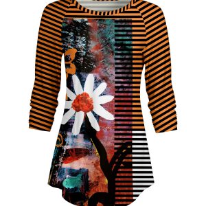 Lily by Firmiana Women's ¾ Sleeve Scoop Neck Tunic Top Orange & Black Daisy Stripe