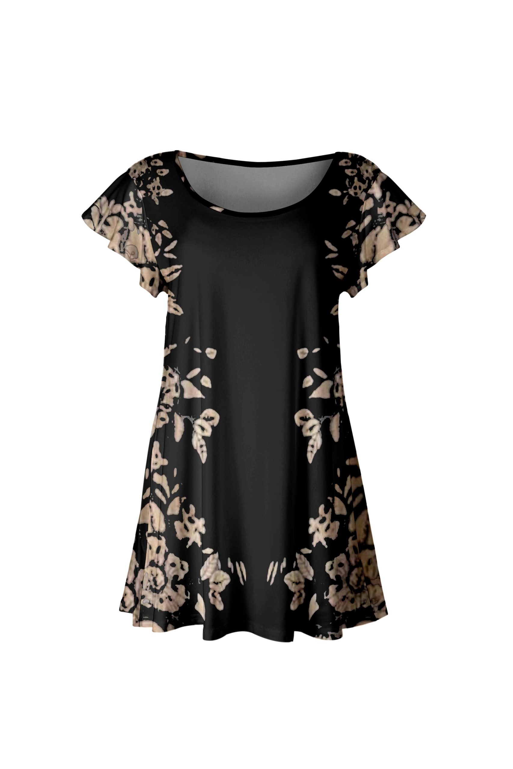 Lily by Firmiana Women's Short Sleeve Flutter Hem Tunic Top Black & Gold Floral Border - Image 2