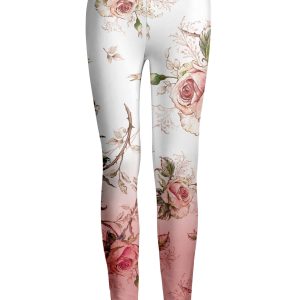 Lily by Firmiana Women's Medium Rise Printed Legging White & Pink Floral Print