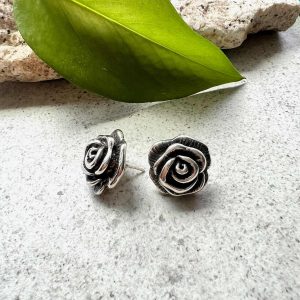 Vera & Co Women's Sterling Silver Medium Size Rose Flower with Line Texture Button Earring