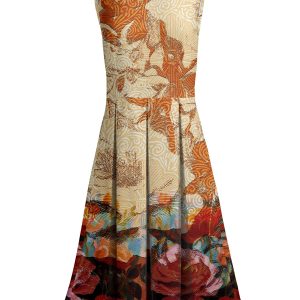 Lily by Firmiana Women's Sleeveless Dress with Pleated Skirt Orange & Blue Autumn Floral