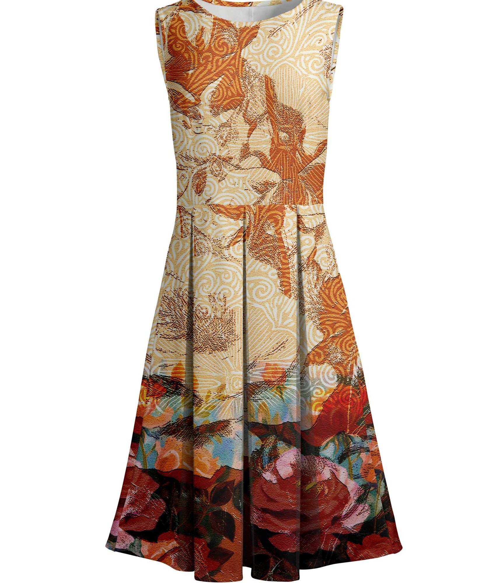 Lily by Firmiana Women's Sleeveless Dress with Pleated Skirt Orange & Blue Autumn Floral