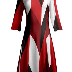 Lily by Firmiana Women's ¾ Sleeve Fit-and-Flare Dress Red. Black & White Geometric