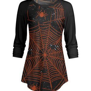 Lily by Firmiana Women's ¾ Sleeve Scoop Neck Tunic Top Halloween Spider Web