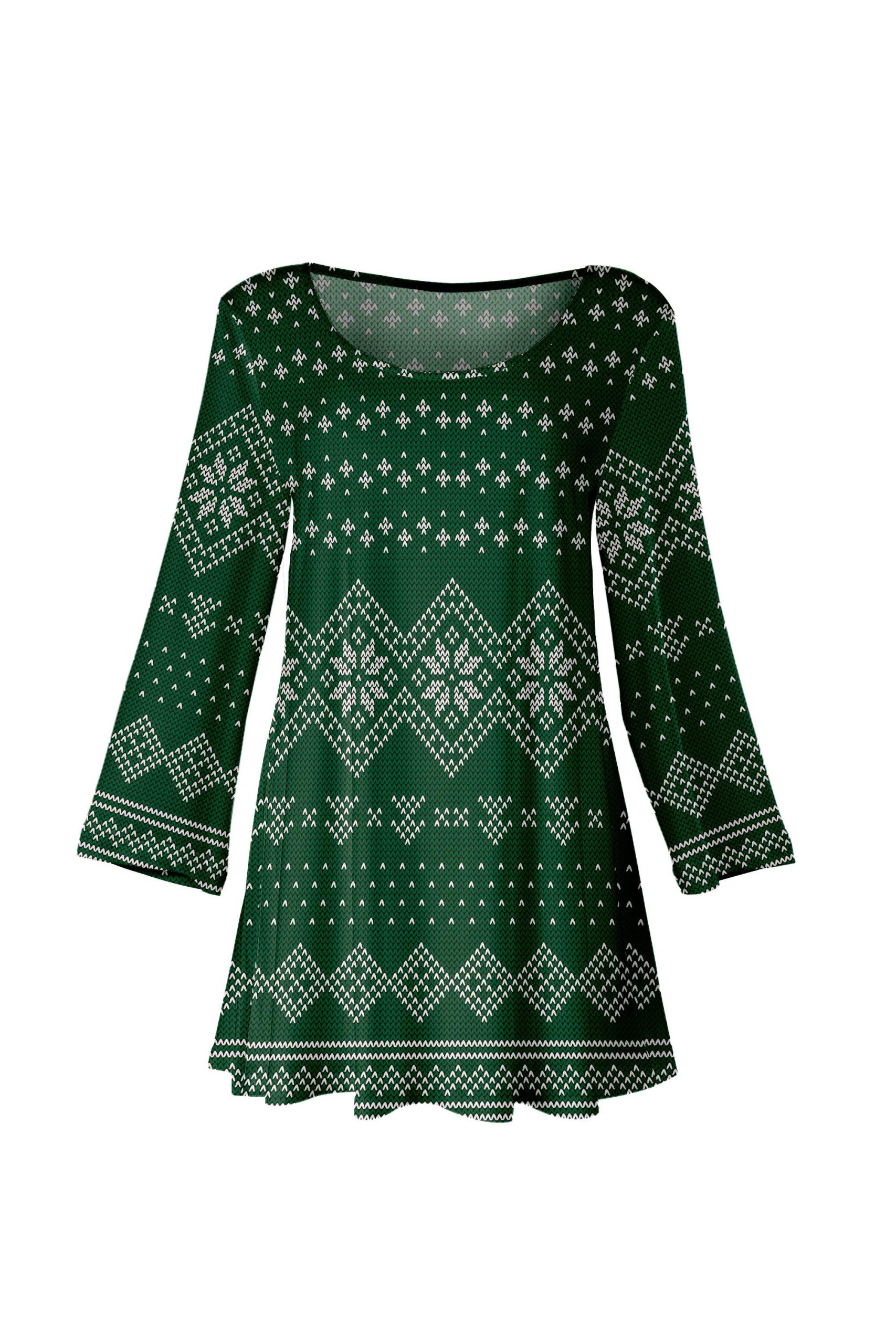 Lily by Firmiana Women's Long Sleeve Scoop Neck Flared Hem Tunic Green Fair Isle Sweater Print - Image 7
