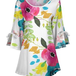 Lily by Firmiana Women's Round Neck Tunic with Split Hem ¾ Sleeves and Tie Detail White Floral with Pink & Blue Accents